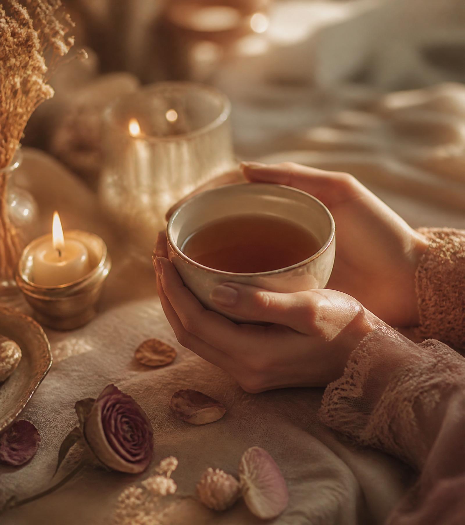 Une tasse de thé chaude tenue à deux mains, ambiance intime aux chandelles